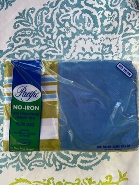 Vintage Pacifica Blue and Olive Striped Pillowcases - Set of 1 (2 Cases)